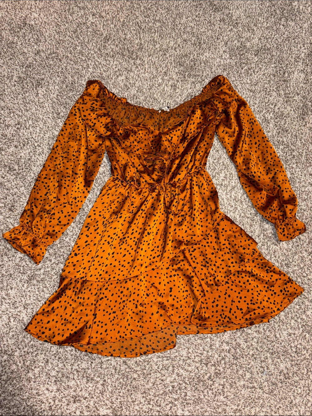 #16 Rust Orange Off-Shoulder Long Sleeve Ruffle Dress